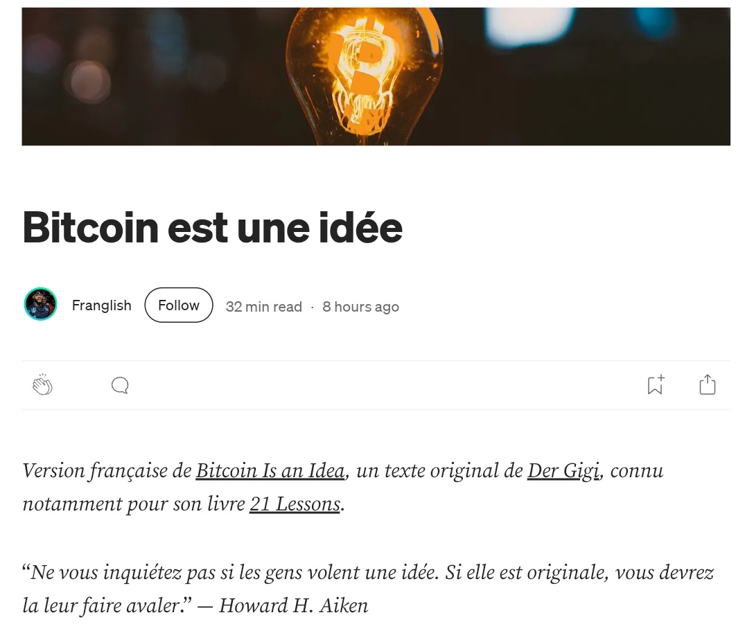 Objectif 2026 : Traduire en français le maximum d'écrits sur #Bitcoin
A commencer par ceux de <a href="/dergigi/">We are all Gigi</a>
Le premier est disponible 👇🏼

medium.com/@Franglish_1/b…