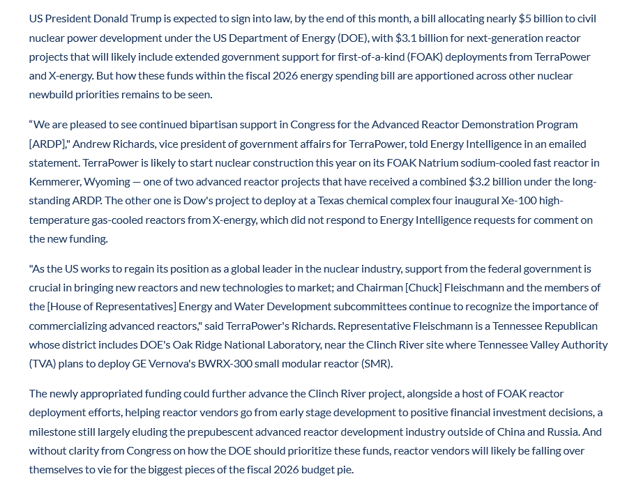 quakes99's tweet image. Boom!💥 US President Trump is expected to sign into law by month end a bill allocating nearly $5 Billion to civil #Nuclear power development under the US Department of @ENERGY, with $3.1 Billion for next-generation reactor projects💰🇺🇸⚛️🏗️🤠🐂🌊🏄#Uranium energyintel.com/0000019b-c8cc-…