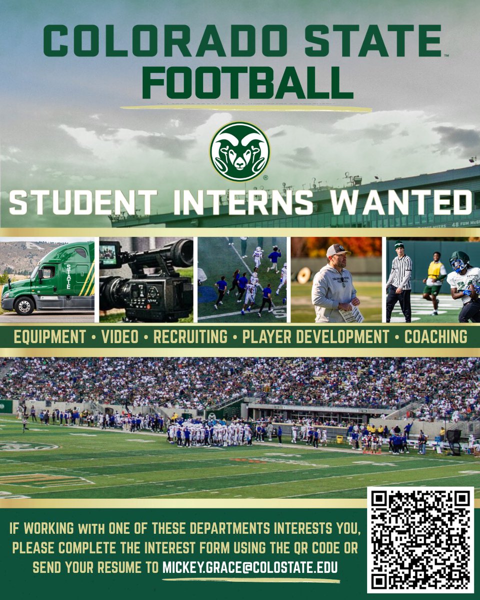 CSUFootball's tweet image. Student Interns Wanted 🏈🐏 If you're a @ColoradoStateU student interested in:

👕 » Equipment
🎥 » Video
📝 » Recruiting
📈 » Player Development
👏 » Coaching

Email &amp;amp; send your resume to Mickey.Grace@colostate.edu

#Relentless x #CSURams