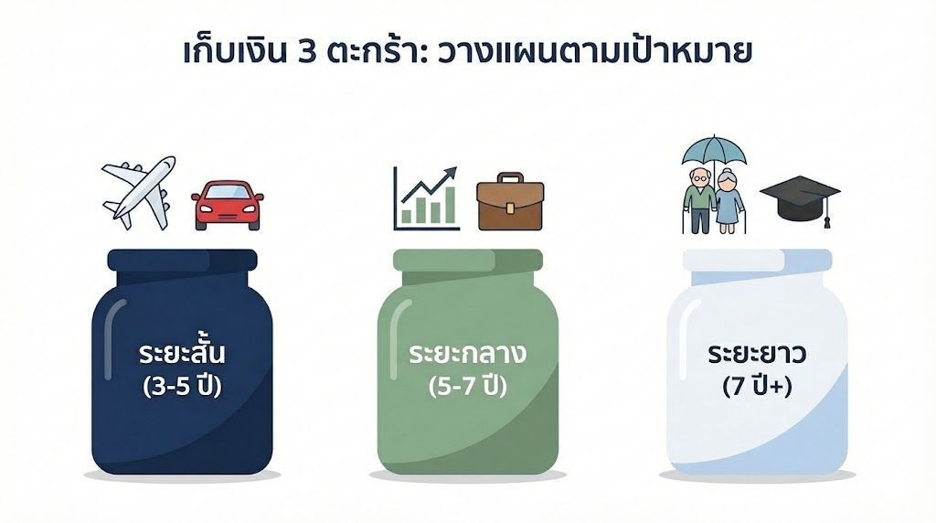 มาทบทวนเป้าหมายการเงินกันดีกว่า
- ระยะสั้น 3-5 ปี
เก็บเงินไปเที่ยว/ซื้อของก็เก็บเงินไว้ในสภาพคล่องสูง เช่น เงินฝาก พันธบัตร

- ระยะกลาง 5-7 ปี
เก็บดาวน์รถ ซื้อบ้าน เก็บไว้ในตราสารหนี้ หรือ กองทุนรวม

- ระยะยาว 7 ปี+
วางแผนเกษียณหรือลงทุน