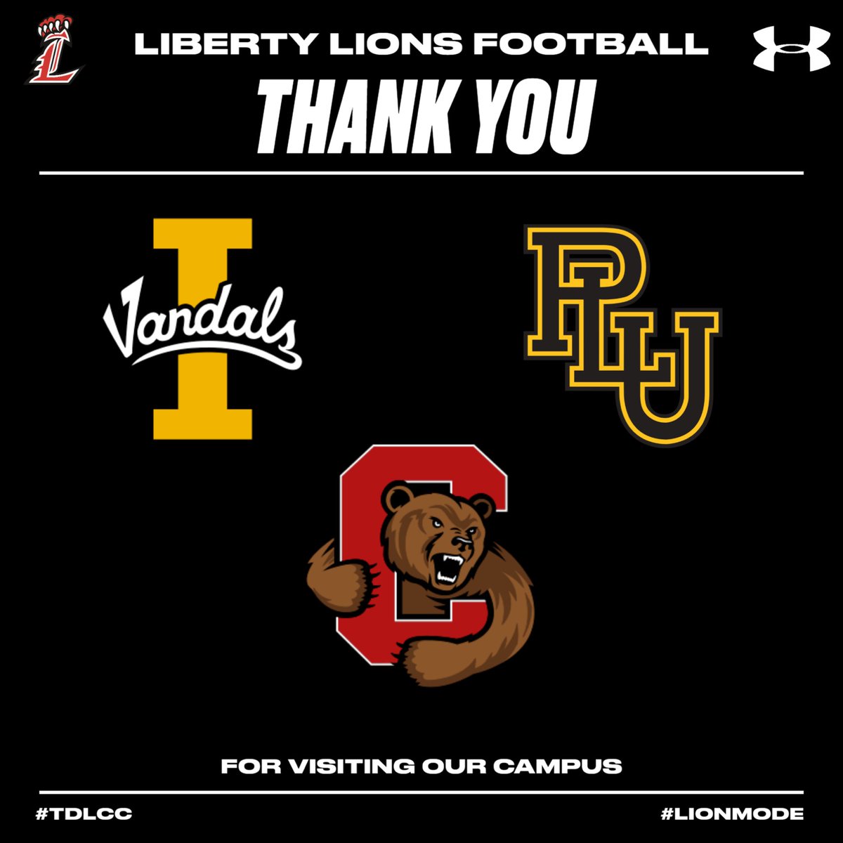 LibertyFBLions's tweet photo. Thank you to the following schools for visiting our student athletes today!

@VandalFootball 
@PLUFootball 
@BigRed_Football 

#TDLCC  #LIONMODE https://t.co/TmOlAFYH0q