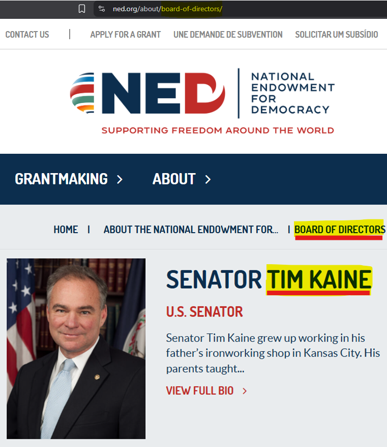 MikeBenzCyber's tweet image. Did you know that Tim Kaine -- yes, that Tim Kaine, Hillary Clinton's running mate in the 2016 election -- is, right now, as we speak, on the board of directors at NED?