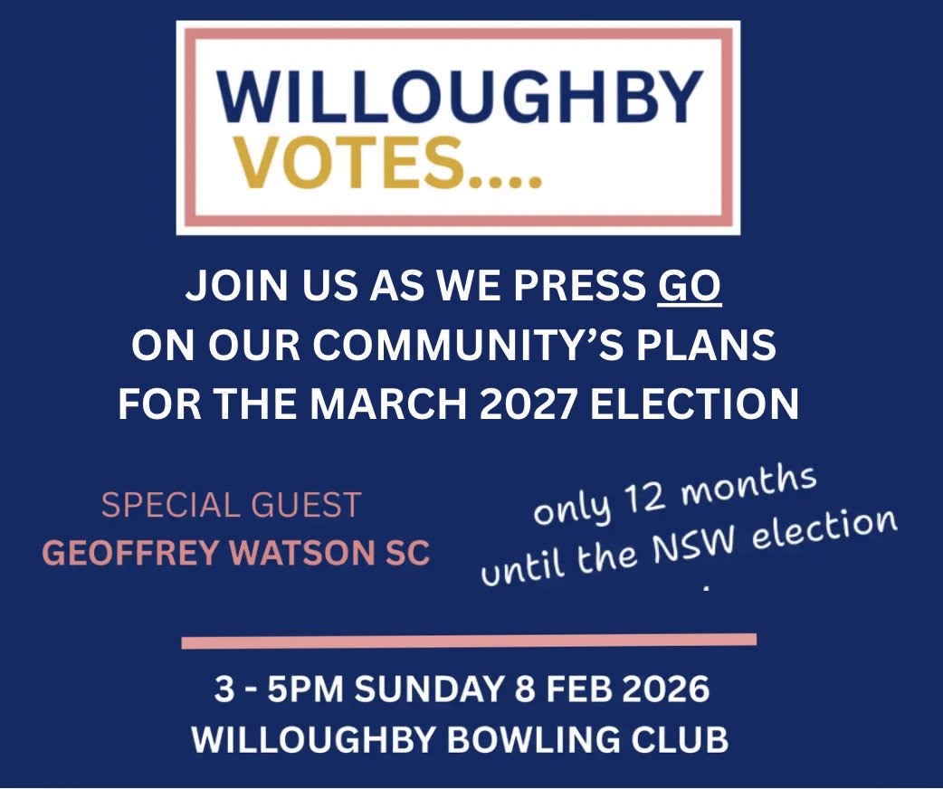 The countdown to the Mar 2027 NSW Election has begun.

Now is the time to come together &amp; ensure Willoughby has a representative who reflects our community's values - not party interests.

Join us on Feb 8!

Details &amp; RSVP here #nswpol #WilloughbyVotes > events.humanitix.com/willoughby_vot…