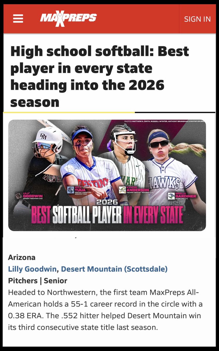 DMHSSoftball's tweet image. Arizona’s top high school softball player heading into the 2026 season. 
Proud to have Lilly “Goose” Goodwin leading us in the circle.

#WolvesSoftball #ArizonaSoftball #MaxPreps
