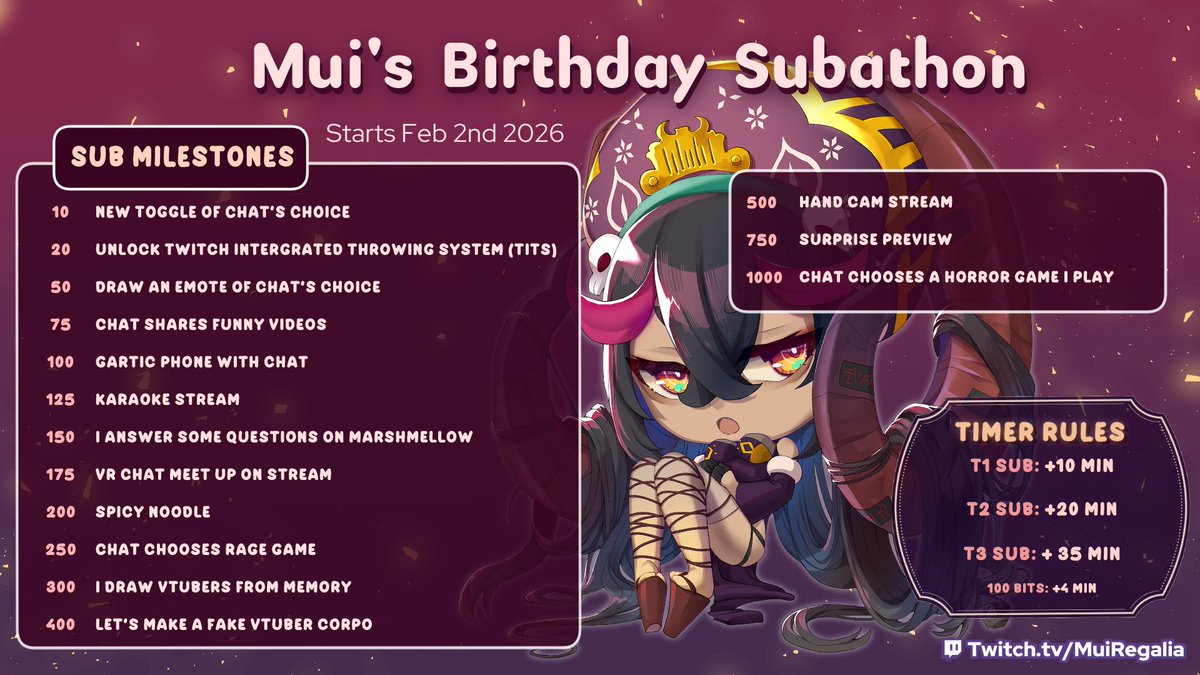 🎁UPCOMING SUBATHON!!🎁

Hey Bredrolls! I will be Hosting a new Subathon Event on Feb 2nd to  celebrate my Birthday with you guys and I have a lot of events prepared  in store!!   

Here are some of the milestones to look forward to!!  

📆 Starts Feb 2nd 2026!