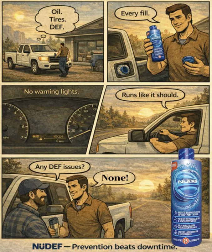 NuDefCo's tweet photo. If you treat it every fill,
you don’t deal with it later.
NüDEF. #DieselPower #NoDowntime #TruckerLife #KeepAmericaMoving #HeavyDuty #PerformanceMatters #DEF #Diesel #Truckers #SemiTruck #Industrial #Downtime #SaveYourMoney https://t.co/82KnfsX6ia