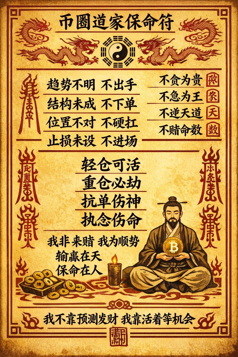 Mackqu's tweet image. 不靠预测发财
靠活着等机会

币圈是修行场
合约是照妖镜

看清自己
才配谈趋势

——送给还想活下来的你,收藏保命符，道符慈悲！
#币圈 #BTCUSD