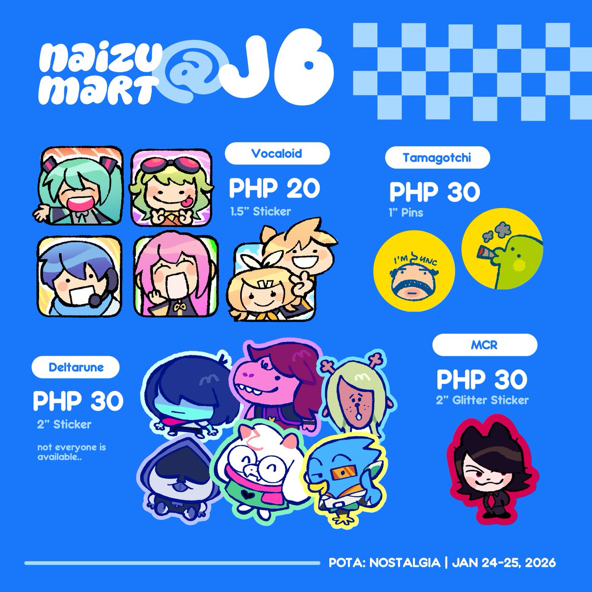 naizues's tweet image. 💭here's my catalog for #potanostalgia this weekend! will be tabling with friends hehe 

🛒Table J6
📅 January 24-25 @ Centris Elements 
📢 vocaloid, tamagotchi, mcr, deltarune, heated rivalry (lol), ao oni, pokemon