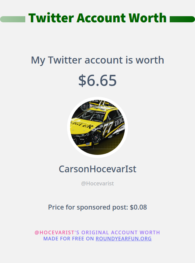 Hocevarist's tweet photo. My Twitter worth is: $6.65

➡️ https://t.co/4NoSjNP2st https://t.co/6Sabj6CxyF