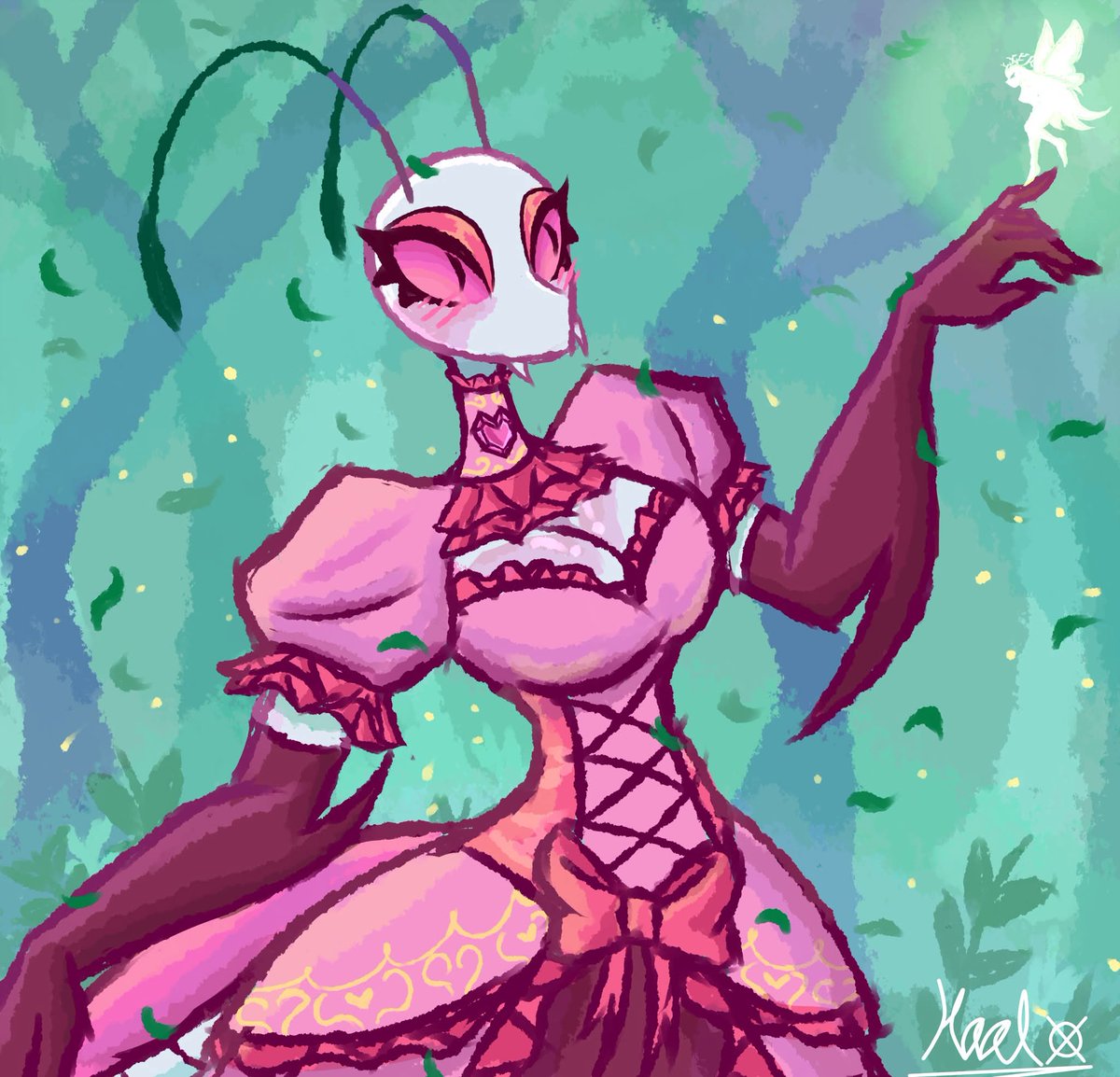 Dibujito de mi oc Kaely
La hice basada en una mantis orquídea y es una princesa que se come a sus parejas uwu/
#oc #mantis #monstergirl #furry #fairycore