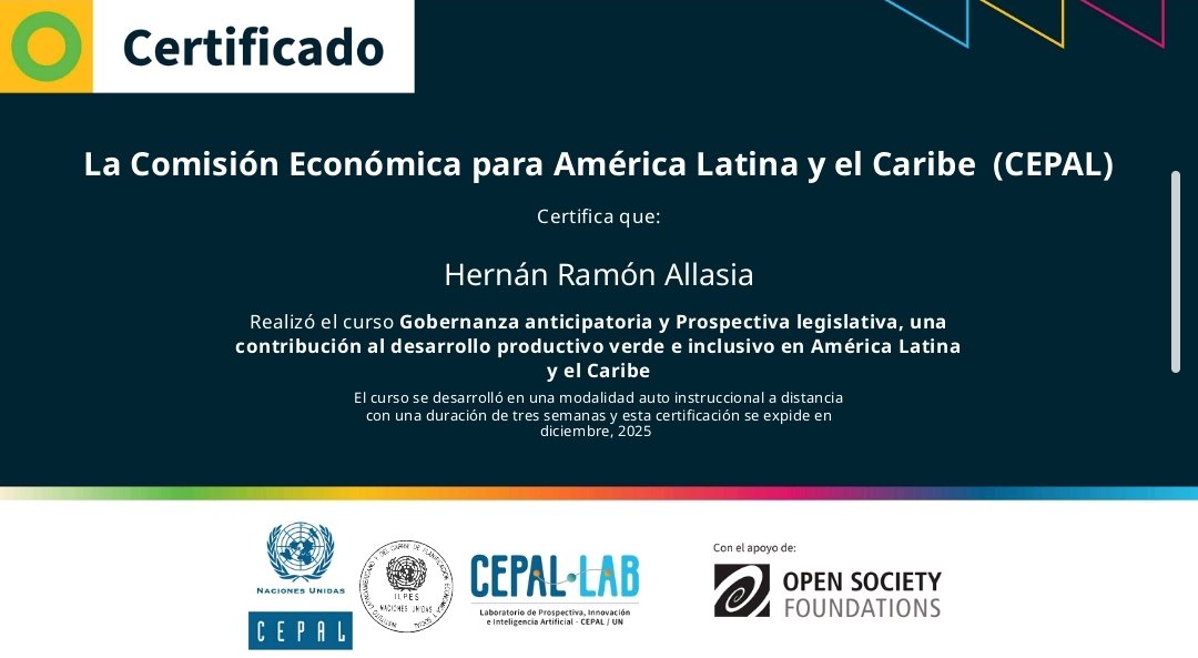 cumediterraneo's tweet photo. Muy agradecido y orgulloso @cepal_onu (CEPAL), siendo ésta, la Comisión Económica para América Latina y el Caribe, organismo regional de Naciones Unidas. He participado del  curso dictado/emitido por CEPAL (Naciones Unidas). “Gobernanza anticipatoria y Prospectiva legislativa”. https://t.co/dm7zSYfbU7
