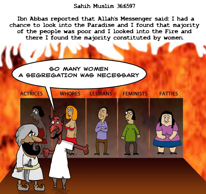 oinkshallah's tweet image. According to Mohammed most women go to hell because he says they gossip and they do but they like to tell me what's going on especially Mujaheddin's sisters. cartoon by Pret Met #Mohammed