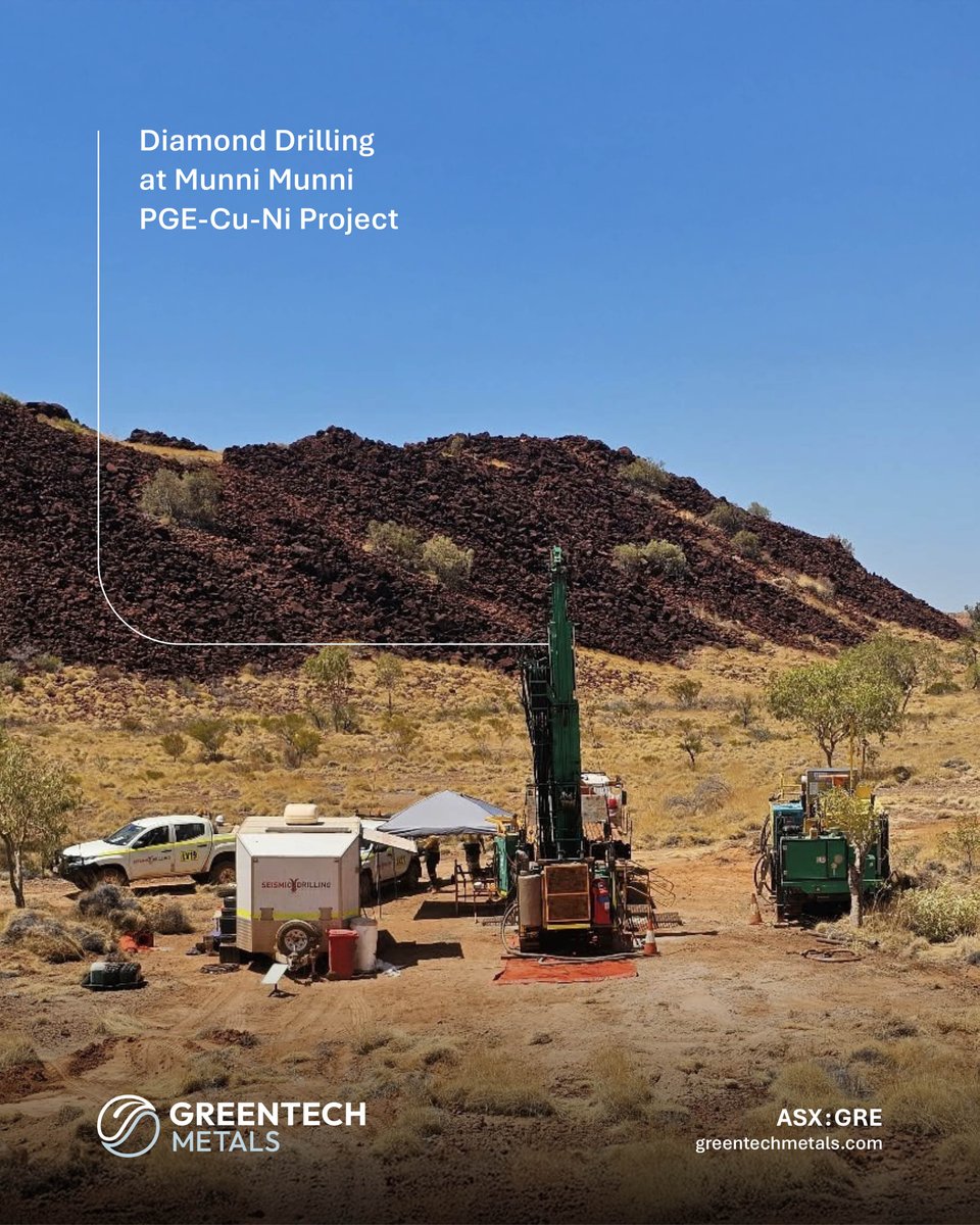 GreenTechMetals's tweet image. Drilling is underway at the #MunniMunni PGE-Cu-Ni Project in WA. 

Due to the rugged terrain, small footprint track-mounted drill rigs have been chosen to undertake both the core &amp;amp; RC #drilling components of the drill program. The drill program is anticipated to be completed in