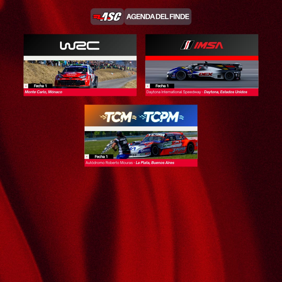 #AgendaASC De cara al fin de semana, Automovilismo Sin Chicanas te muestra qué categorías estarán corriendo y dónde.

• #WRC - #RallyeMonteCarlo - Mónaco.

• #IMSA - #Rolex24 - Daytona, Estados Unidos. 

• #TCM y #TCPM - La Plata, Buenos Aires.