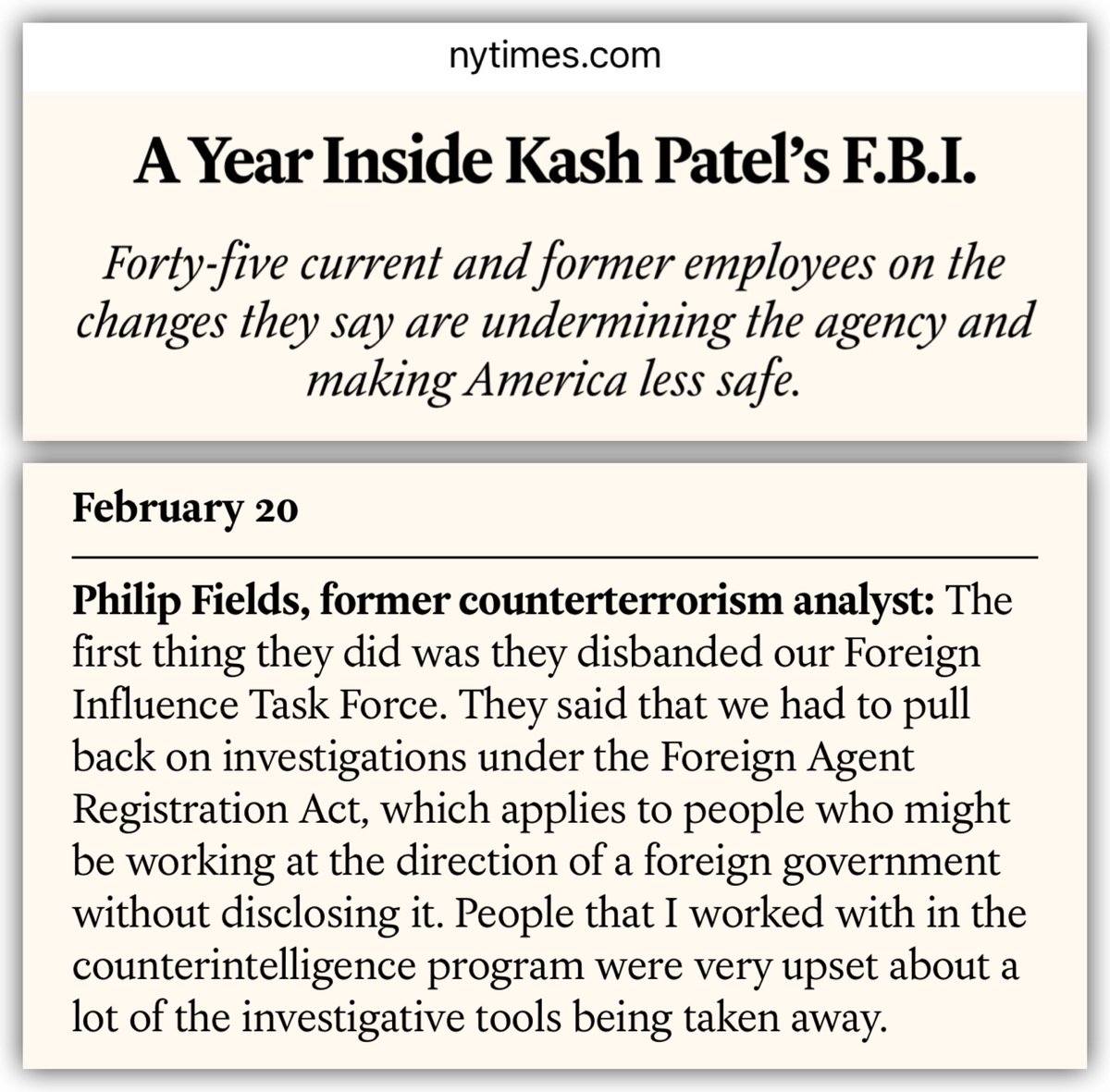 In Oct, I reported Pam Bondi disbanded the Foreign Influence Task Force on her 1st day as AG (see video)

Today, NYT published an exposé of current &amp; former FBI agents under Kash Patel. One confirmed my reporting regarding the task force &amp; halting foreign influence investigations