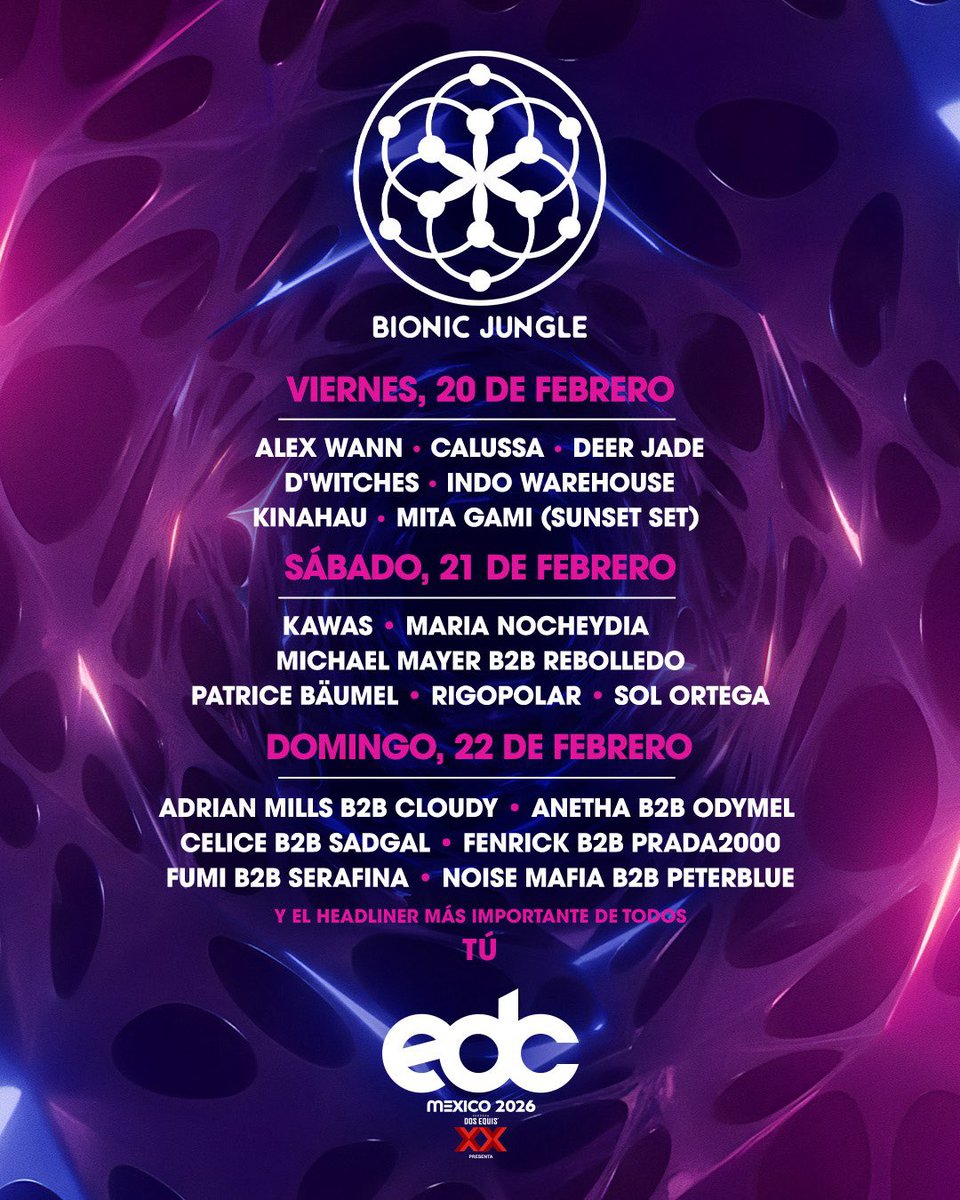 MusicalTouchMx's tweet photo. 🦉 Descubre #bionicJUNGLE y encuentra la flora que fluye por esta jungla de neón.🎋🎶 Conoce el cartel para la edición 12 de @EDC_MEXICO
Experimenta la libertad en #bionicJUNGLE, donde puedes dar rienda suelta a tu espíritu más salvaje 😎💚✨
Accesos 🎫
https://t.co/nRGTJIvbTN https://t.co/m9gwuokNwS