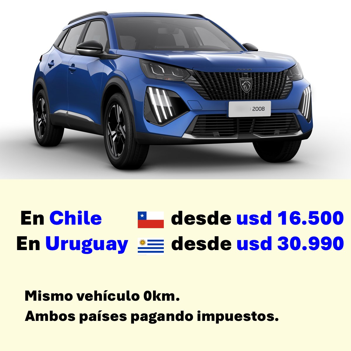 SeUruguay's tweet photo. Precio de autos, #Chile vs #Uruguay 
El "costo país"

Y con el mayor precio, más patente y más seguro!

#SeTieneQueSaber 🇺🇾 https://t.co/RWCYWsCGOg