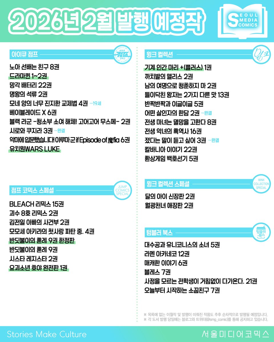 [📣공지] 2026년 2월 발행 예정작

한파가 몰아치는 겨울, 따뜻한 이불 속에서 읽고 싶은 신작이 왔다―!! (๑>◡<๑)

자세한 사항은 아래의 공식 블로그를 통해 공지하고 있으니, 참고 부탁드립니다!

2월에도 새해에도 서미코 만화와 함께💕
#이달발행

▶️blog.naver.com/smc_comics/224…