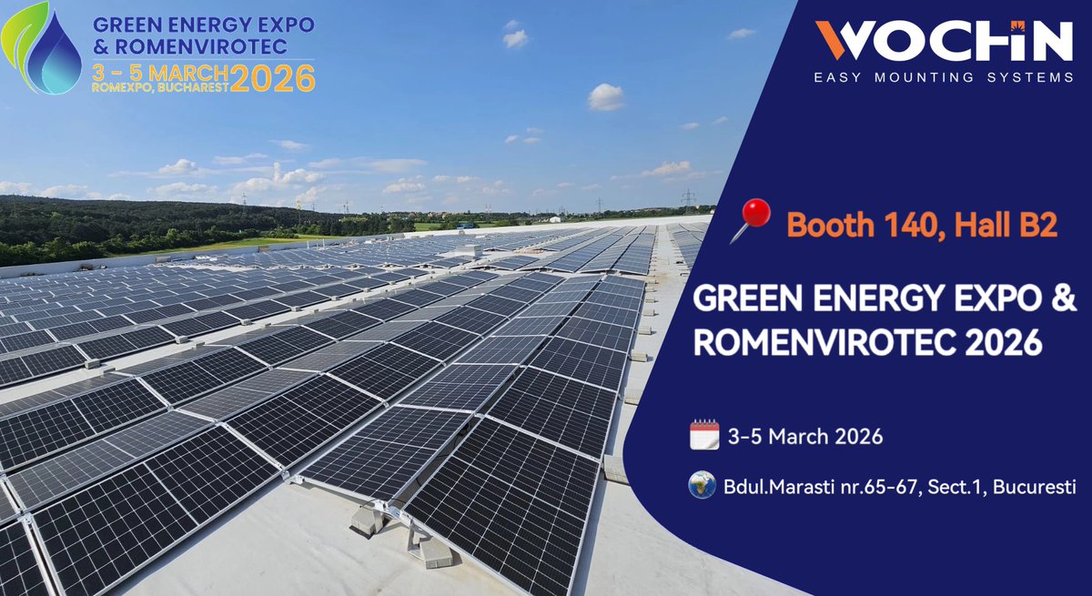 WochnSolarMount's tweet photo. 🌞 Powering Flat Roof Solar Projects — See It in Action in Bucharest

From large-scale flat roof installations to efficient ballast mounting solutions.

📍 GREEN ENERGY EXPO &amp; ROMENVIROTEC 2026
📅 March 3–5, 2026
📌 Hall B2 | Booth 140

#WOCHN #PVMounting #FlatRoofPV https://t.co/3UT7OUpPi5