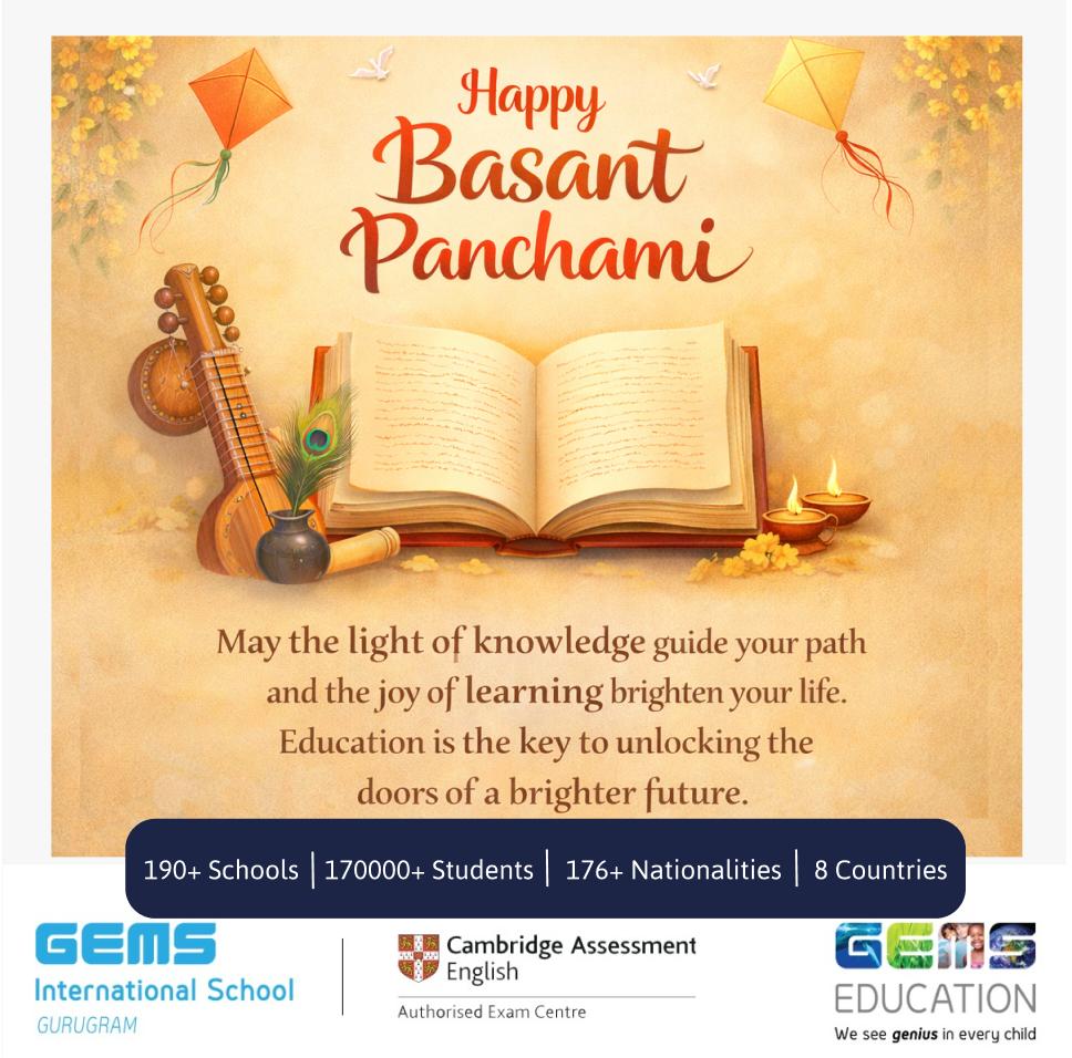 On this auspicious day, may knowledge
light our path.
#VasantPanchami #gemseducations #FestivalOfKnowledge #DivineBlessings #GEMSInternationalSchool
