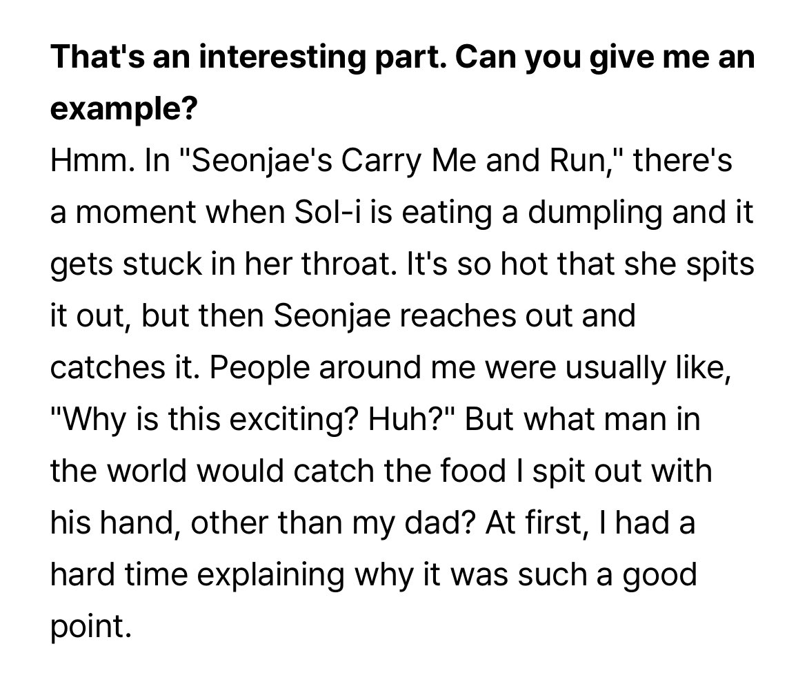 she mentioned one of the LR scenes that made her heart flutter like "what man in the world would catch the food I spit out with his hand other than my dad?" sunjae 😭💙