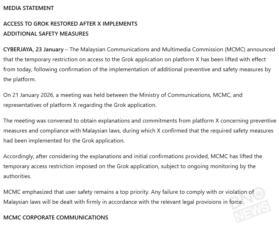 Malaysia has restored access to Grok after X implemented additional safety  measures, according to officials