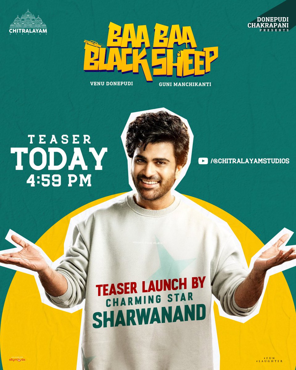 ChitralayamOffl's tweet photo. A laughter-loaded fun ride is ready to roll… ❤️🔥
#BaaBaaBlackSheep Teaser out TODAY at 4:59 PM.
Launch by Charming Star @ImSharwanand garu 🌟
#BBBSTeaser #WhoIsTheBlackSheep
@ChitralayamOffl @VenuDonepudi @ManchikantiGuni @swethadonepudi #KondalJinna #SatishMeka @AjayAbrahamGeo1 @arcado77 @sahisuresh @inagavijaykumar @saimaneendhar