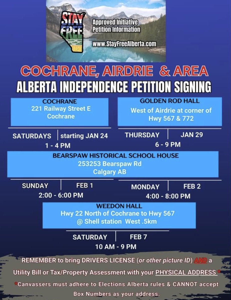 PaulMitchell_AB's tweet image. Attention Albertans in the Cochrane and Airdrie areas...

There are multiple Alberta independence petition sign-up opportunities for you. See the details below 🤠👇

Share this around to your friends and neighbours. Show up and be counted. Join Team Alberta!