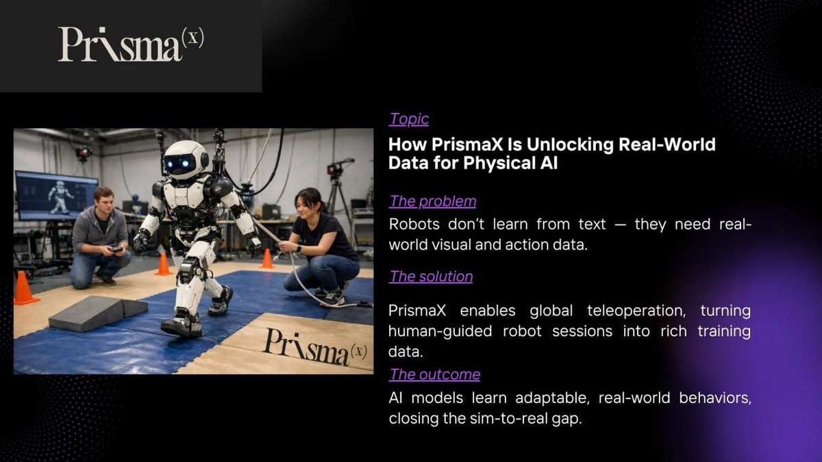 GM builders 🤖
Learning about <a href="/PrismaXai/">PrismaX</a> showed me why physical AI has struggled: robots lack real-world data.
By standardizing decentralized teleoperation, PrismaX turns human-guided robot sessions into meaningful training data.
Models learning real behavior — solid foundation.