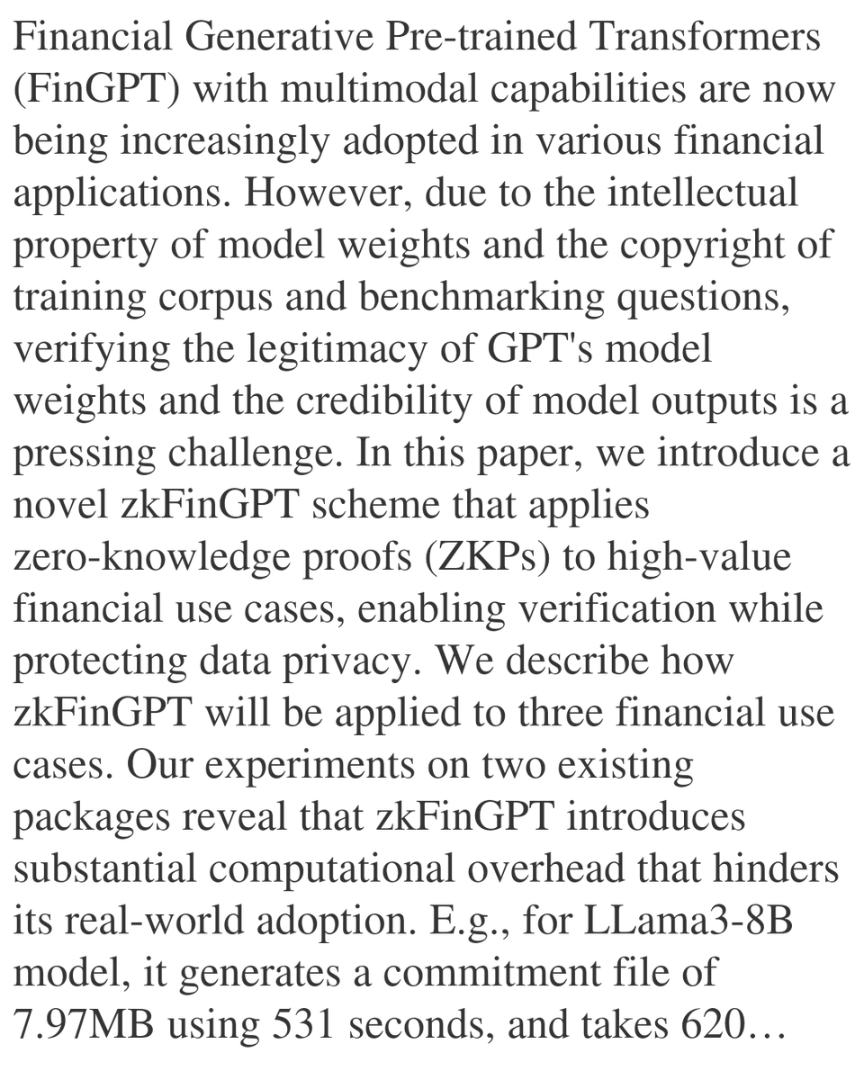 BNHNA's tweet photo. zkFinGPT: Zero-Knowledge Proofs for Financial Generative Pre-trained Transformers

Xiao-Yang Liu, Ningjie Li, Keyi Wang, Xiaoli Zhi, Weiqin Tong
https://t.co/E1WhdBAtCL [𝚌𝚜.𝙲𝙴 𝚌𝚜.𝙲𝚁] https://t.co/YMP1HEU5XT