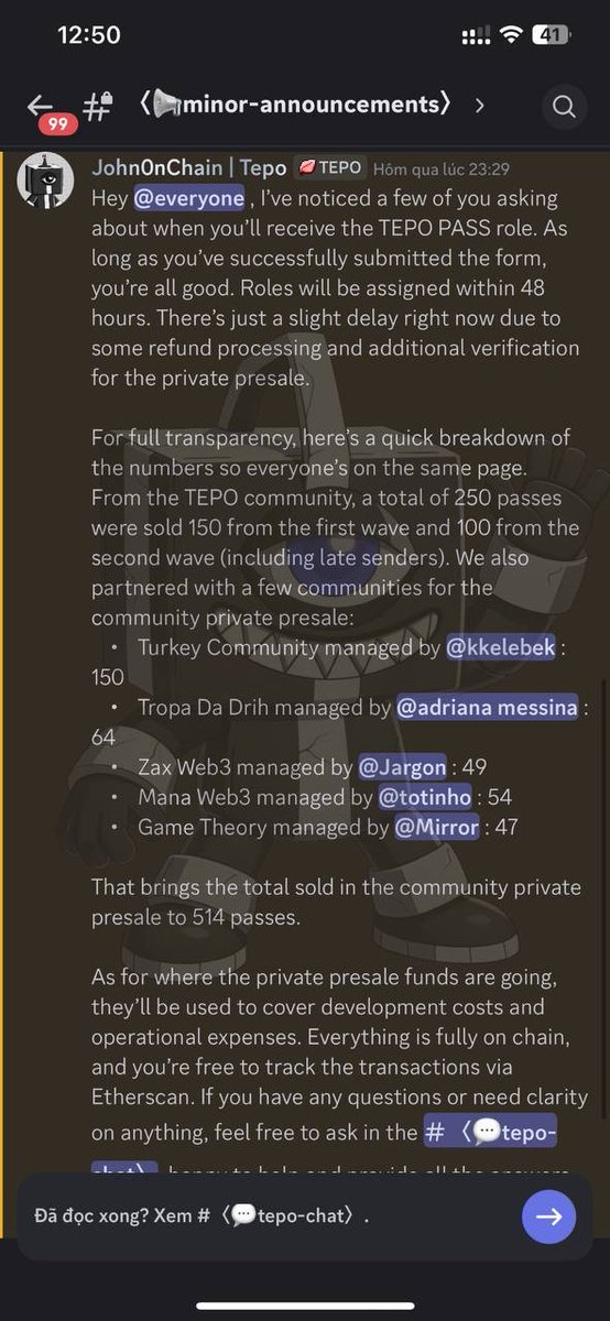 Here's some more important information about the Tepo Pass:
🎯Currently, Tepo has sold two private rounds to the community, totaling 250 Tepo Passes.
🎯Not stopping there, with a total supply of 4444 Passes, <a href="/TepoNFT/">Tepo (testnet arc)</a>  has announced that they will open more sales rounds in the