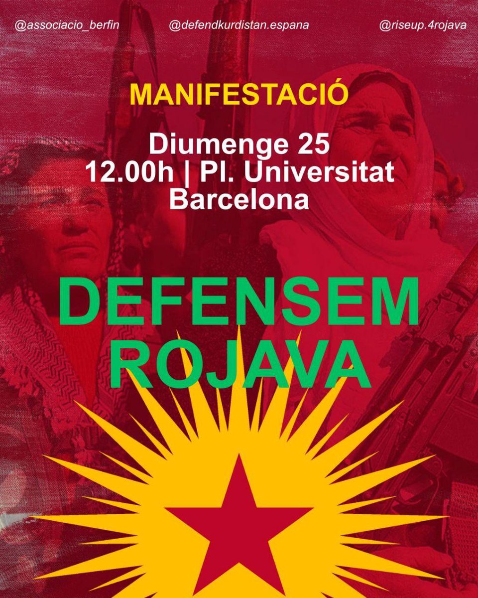estatcatala's tweet photo. Catalunya amb Kurdistan. Defensem Rojava.
Diumenge 25.
12.00h
Pl. Universitat. Barcelona
#CatalunyaAmbKurdistan #DefensemRojava https://t.co/7L2qx8b6Ha