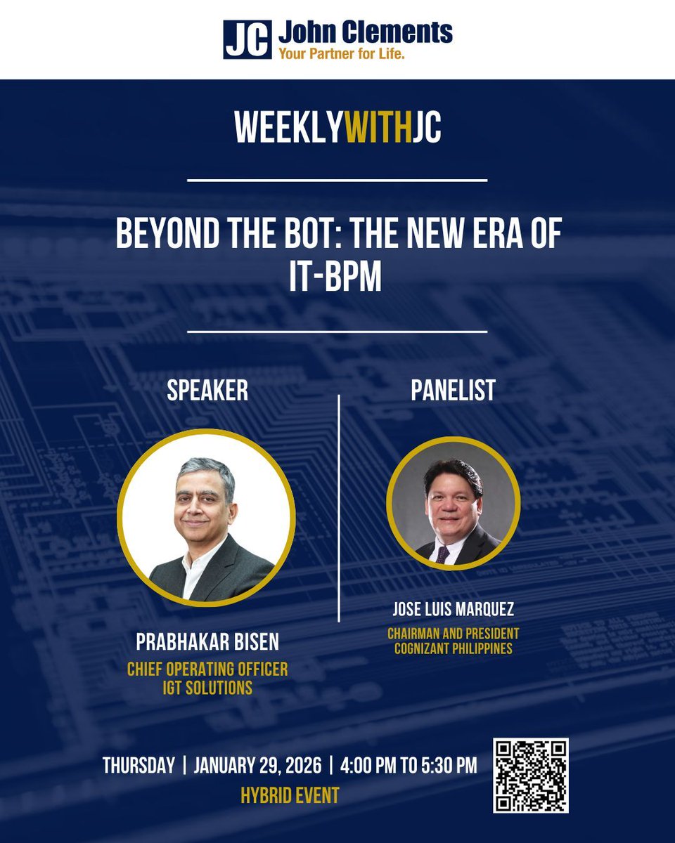johnclementsph's tweet photo. 🌟 You’re invited! 🌟
Join the 3rd #WeeklywithJC

“Beyond the Bot: The New Era of IT‑BPM”
🎤 Prabhakar Bisen, COO – IGT Solutions

👉 Register now: https://t.co/DoYEm8hM8h

#BeyondTheBot #ITBPM #DigitalTransformation #FutureOfWork #Automation #TechLeadership #WeeklywithJC https://t.co/b9bsB9jiYR