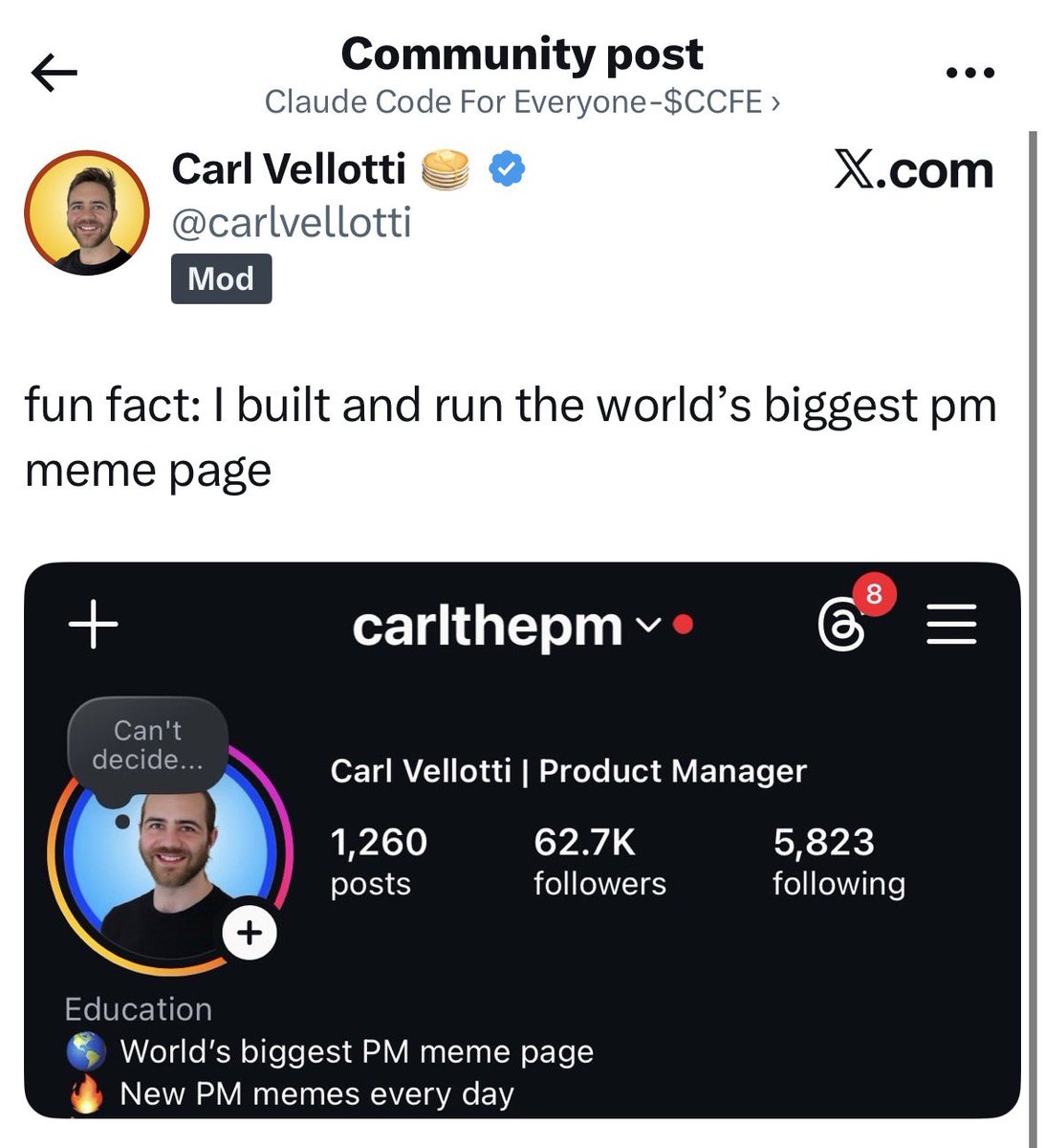 MemeRetire's tweet photo. Interesting @BagsApp play on $CCFE 

@carlvellotti has some of the highest viewed and rated Claude code courses and gives them away for free

Numerous large tech names such as @milesdeutscher and @AlexFinn have recently endorsed his $Claude Code For Everyone course that has been changing the game  

He also has his own meme page on IG "carlthepm"

@carlvellotti has also been buying $CCFE tokens from his fee earnings and burning them and has explicitly stated he will not be purchasing them for any other reason

I had a look at his posts in the X comm and he's one or the most based devs we've seen in the @BagsApp dev meta - a giving person who deserves to receive
 
Flagging this for anyone who wants to take a look at the token he's endorsing- $bloxx vibes kinda

9vVh1mamReHwwHx8GShKr7vZsVWCKYWN514BmRvSBAGS