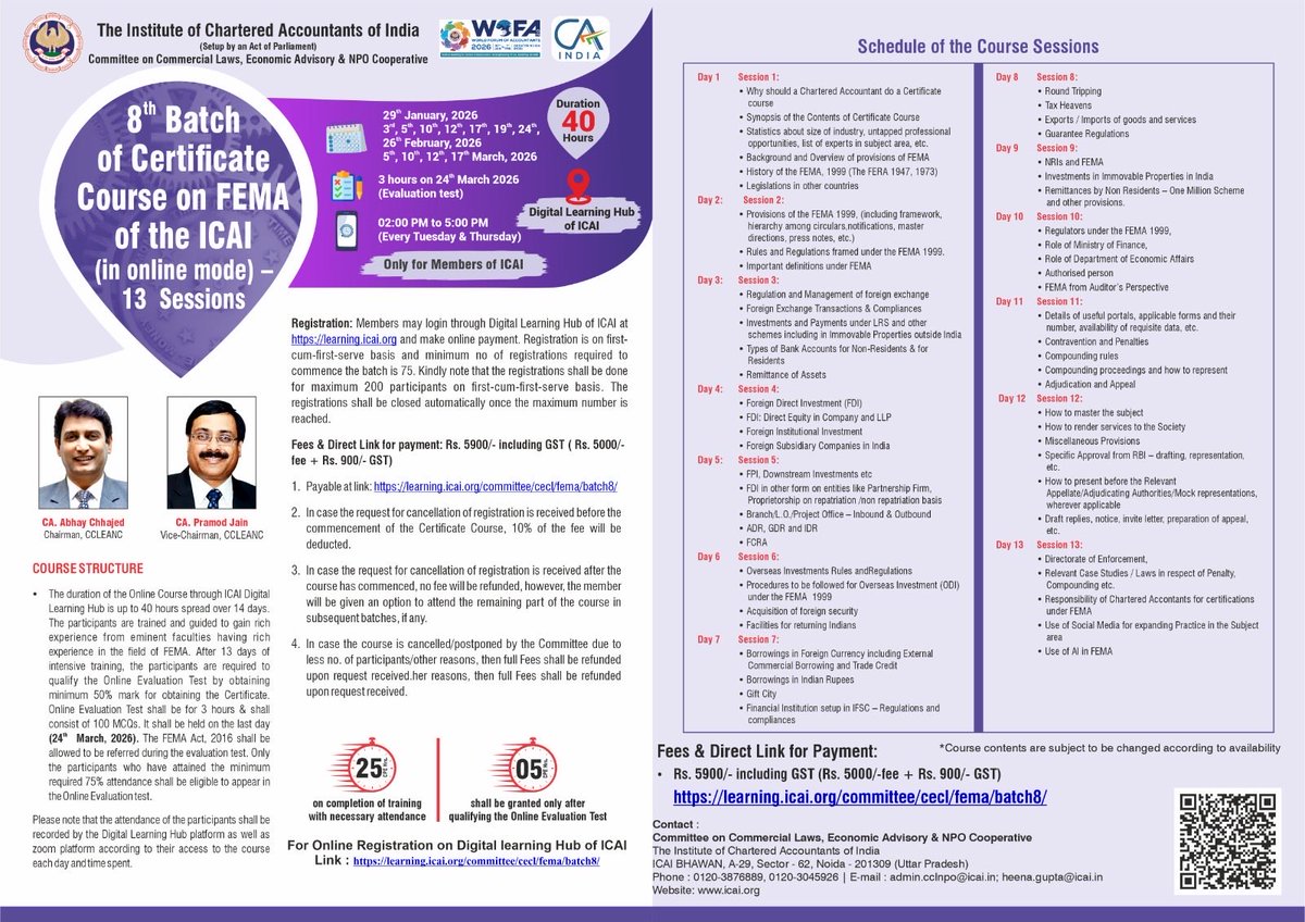 Online Certificate Course on Real estate - laws and regulations Batch-4 from 19th January 2026 - 27th February 2026 from 2:00 PM - 5:00 PM, organized by Committee on Commercial Laws, Economic Advisory &amp; NPO Cooperative ICAI" 

Registration Link: learning.icai.org/committee/cecl…