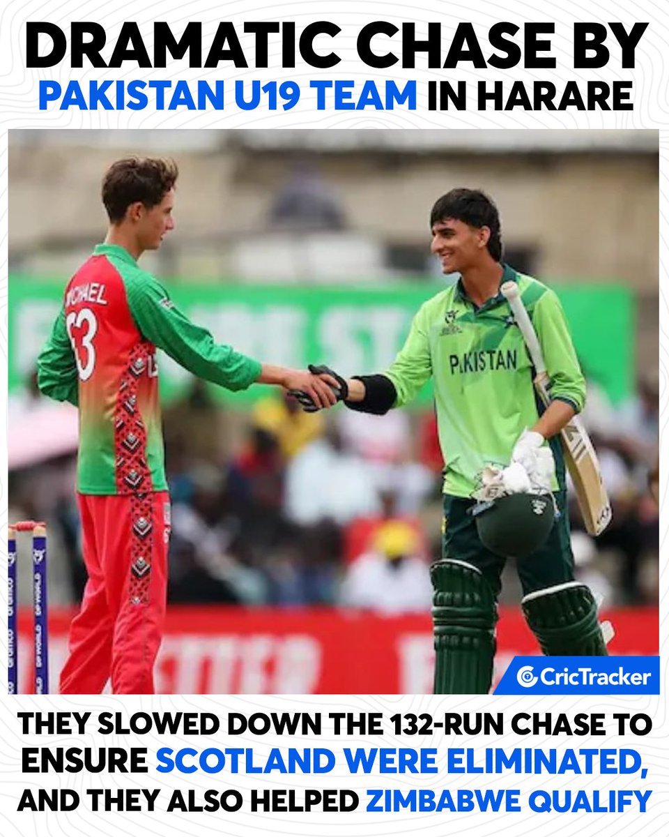 Cricketracker's tweet photo. Dramatic scenes at the U19 World Cup as Pakistan crossed the line just after Zimbabwe’s NRR cut-off, letting Zimbabwe qualify for the Super Sixes while Scotland bowed out, Pakistan timed it perfectly to boost their run rate for the Super Sixes.
#PAKvsSCO #U19WorldCup https://t.co/Cle7r01kkP
