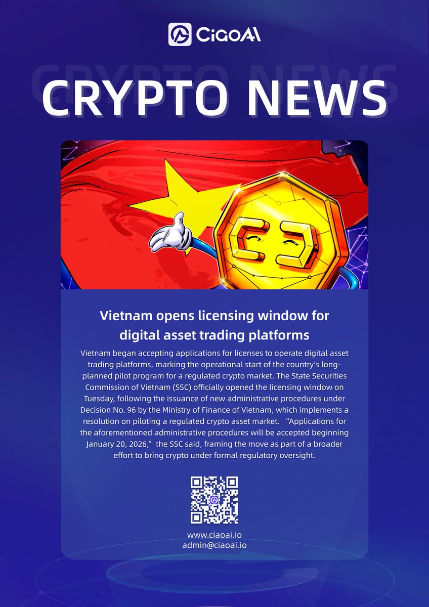 CiaoAi_Global's tweet image. 🇻🇳Vietnam opens licensing window for #Digitalasset trading platforms.

#CiaoAI #Asia #Vietnam #Policy #Exchange