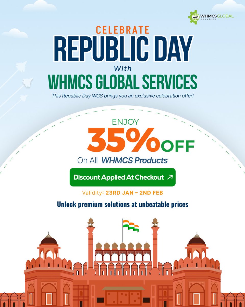Infowgs's tweet photo. Republic Day Special Offer! 🎉

Celebrate this Republic Day with WHMCS Global Services and enjoy an exclusive deal!

Get 35% OFF on all WHMCS products 🚀
🗓️Validity: 23 Jan – 2 Feb

👉Grab the offer now: https://t.co/oDf26C32KX
.
#republicdaysale #whmcs #webhosting #wsdhs https://t.co/HHpdDGYV47