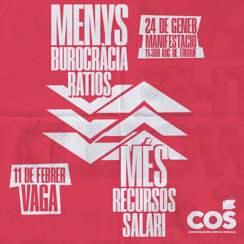 Manifestació per millorar condicions laborals dels docents i l'ensenyament públic. El 24 de gener a les 11:15h ⏰ ens trobem a la estàtua de Pau Claris ( maps.app.goo.gl/kscjsL4G277gLP…) 

🧭 Bloc de la COS-educació
NOMES LLUITANT TENIM FUTUR