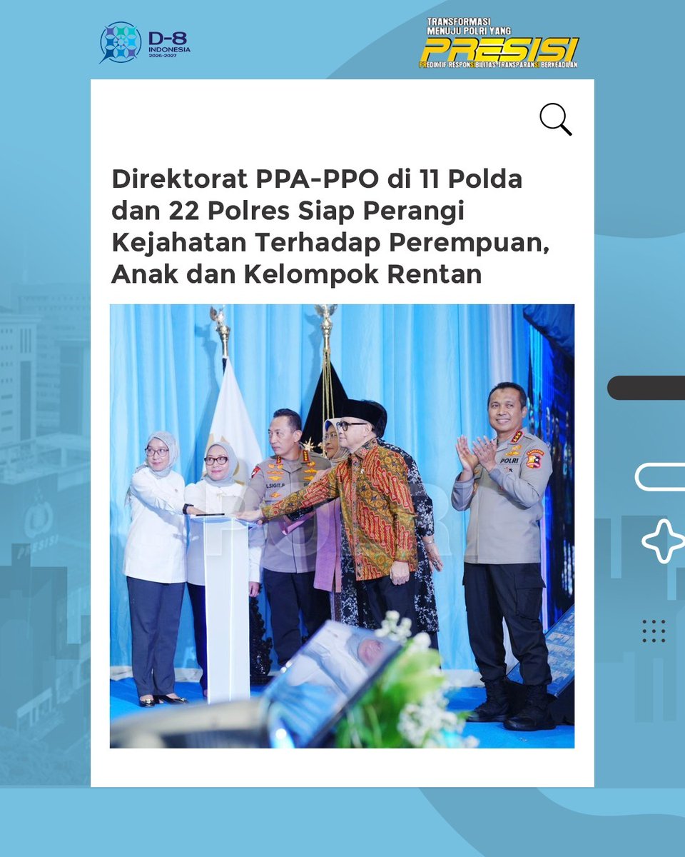 Kapolri meresmikan Direktorat PPA-PPO di 11 Polda dan 22 Polres sebagai penguatan pelayanan dan perlindungan bagi kelompok rentan.
Polri Terus Berkomitmen Prioritas Berikan Perlindungan kepada seluruh Masyarakat dan #KonsistenTegakkanHukum