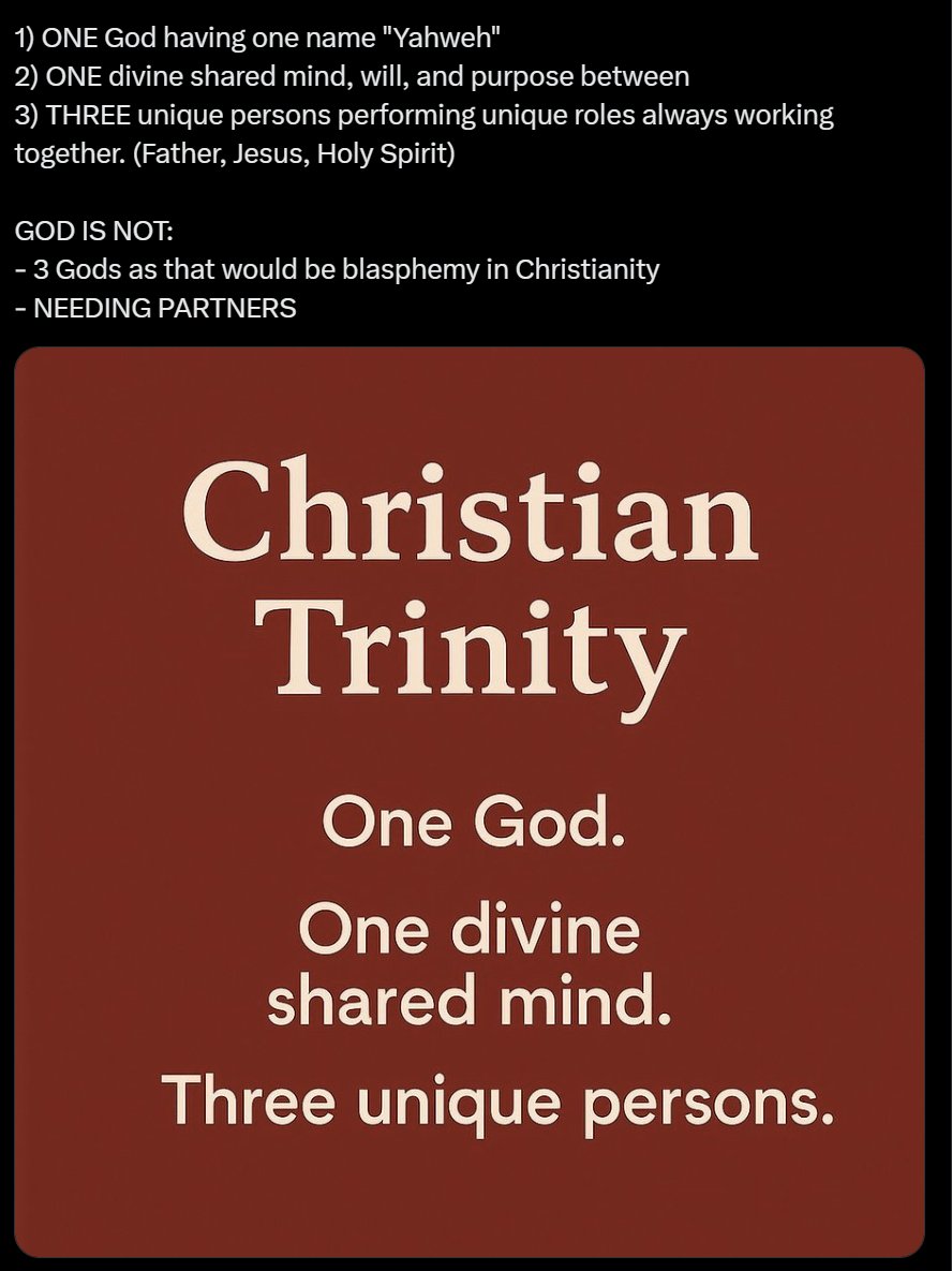 Timstone1968's tweet image. Let me help educate you:

A rock = one being, no person

A person = one being, one person
Allah god = one being, one person

Yahweh GOD = one being, three persons

Here is how the Christian Trinity works...