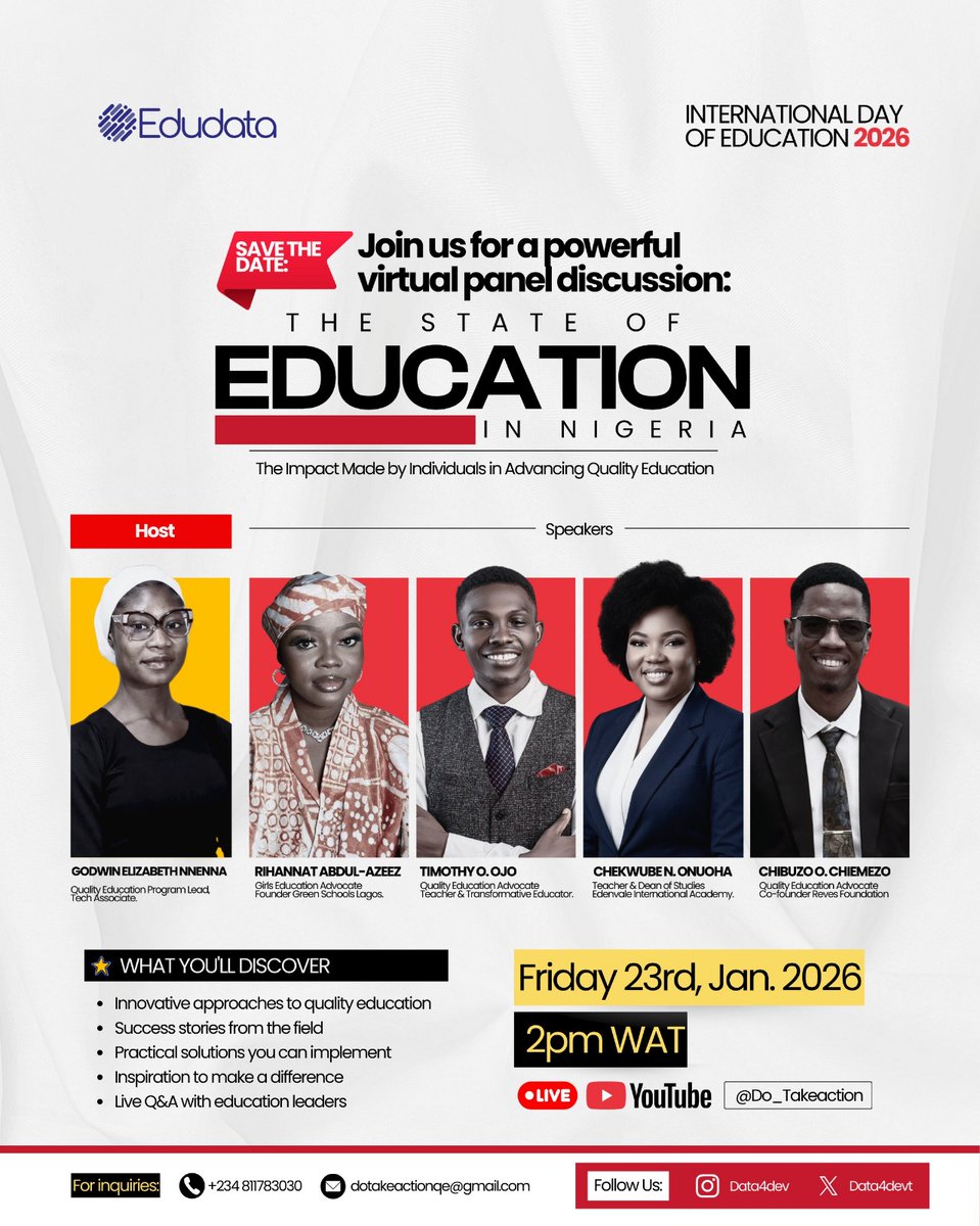 I'm excited to invite you to a FREE virtual panel discussion with attempt to celebrate International Day of Education:

Theme: The State of Education in Nigeria: The Impact Made by Individuals in Advancing Quality Education"

Join us today by 2 PM on YouTube: Do_takaction