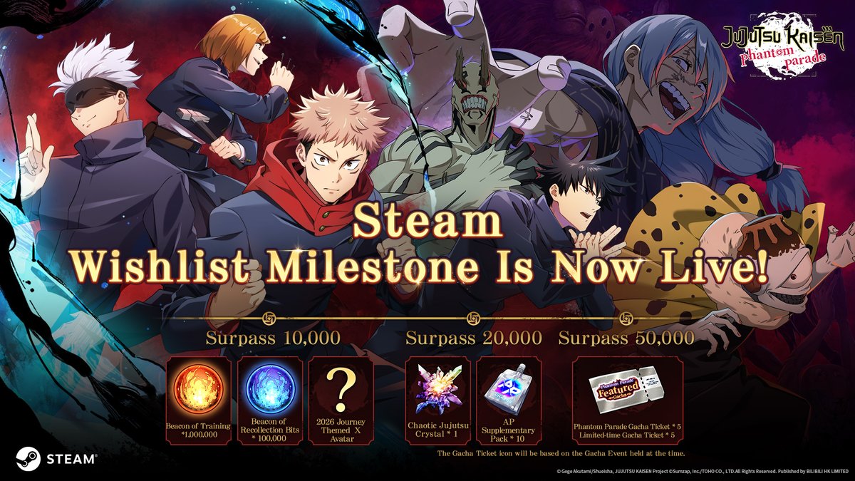 JJKPP_GL's tweet image. ◤#JujutsuKaisenPhantomParade◢
＼Steam Wishlist Milestone Challenge is now live!／

"Jujutsu Kaisen Phantom Parade" is coming soon to Steam!
Everyone can participate in the event by going to Steam and adding the game to their Wishlist.
When the number of players who add the game…