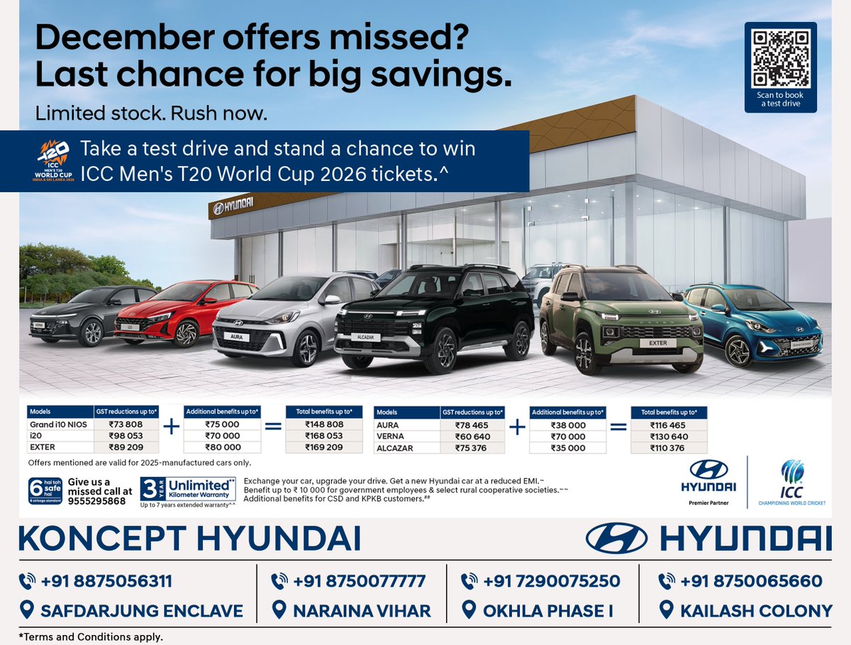 HyundaiKoncept's tweet image. December offers missed? This is your last chance for BIG savings 🚗

Limited stock available—rush now and drive home your favourite Hyundai with massive benefits on select 2025-manufactured models.

Visit Koncept Hyundai

#KonceptHyundai #HyundaiIndia #DecemberOffers #BigSavings