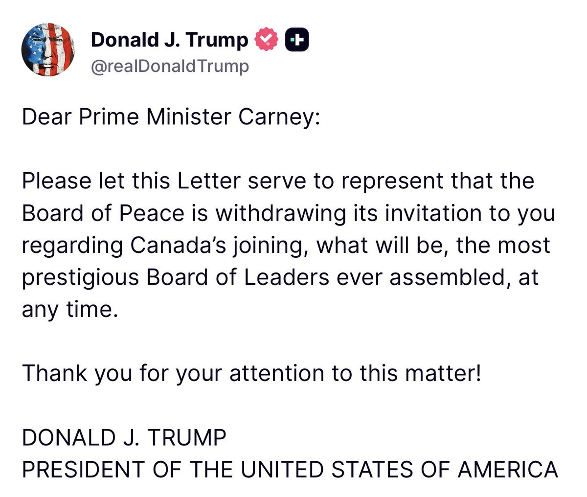 🚨 BREAKING: Trump withdraws Canada’s invitation to join the Board of Peace!!