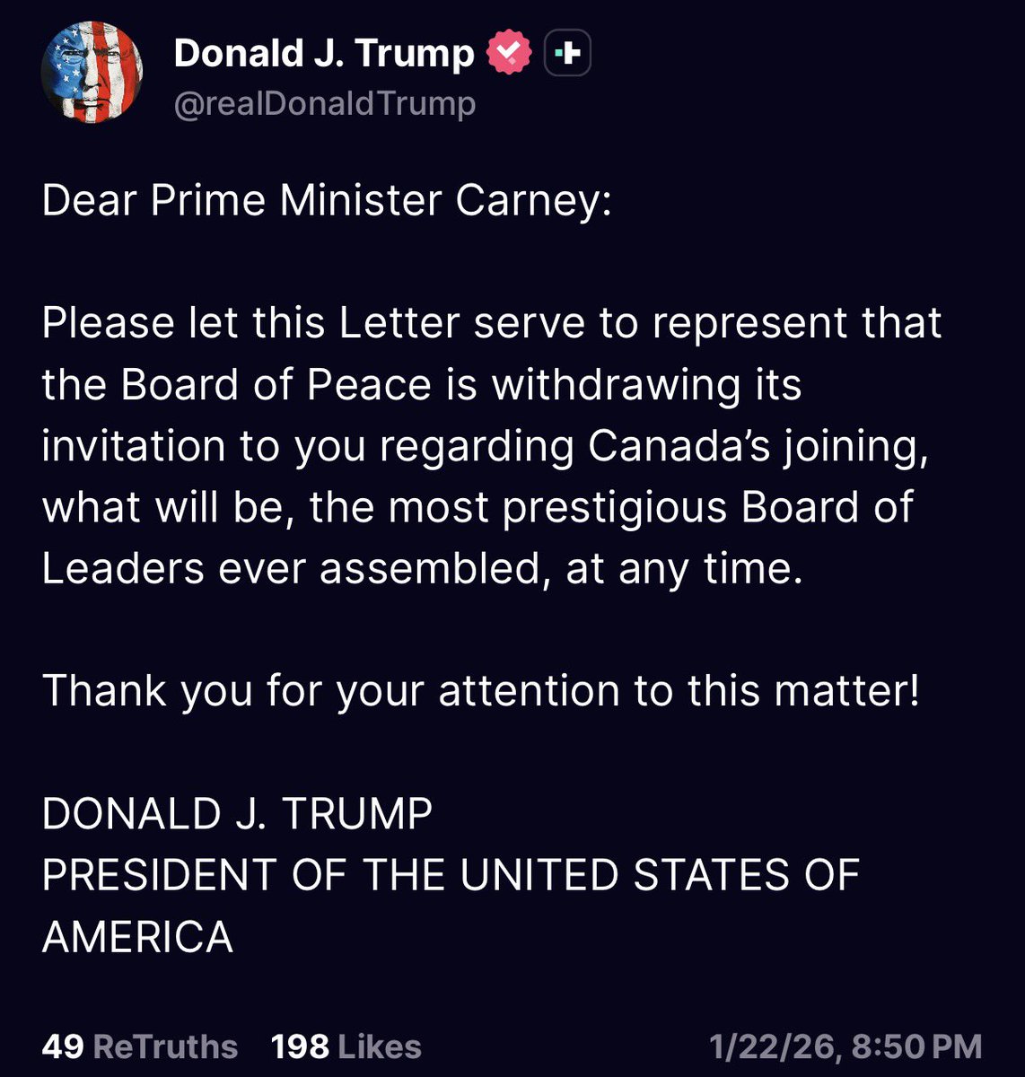 KobeissiLetter's tweet image. BREAKING: President Trump withdraws his “Board of Peace” invitation to Canada’s Prime Minister Carney.