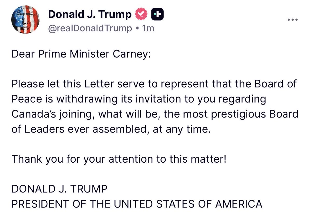 BREAKING 🚨 President Trump just told Canada’s Prime Minister Carney getting rejected from joining the prestigious Board of Peace

CANADA IS GOING DOWN HILL

GOOD RIDDANCE