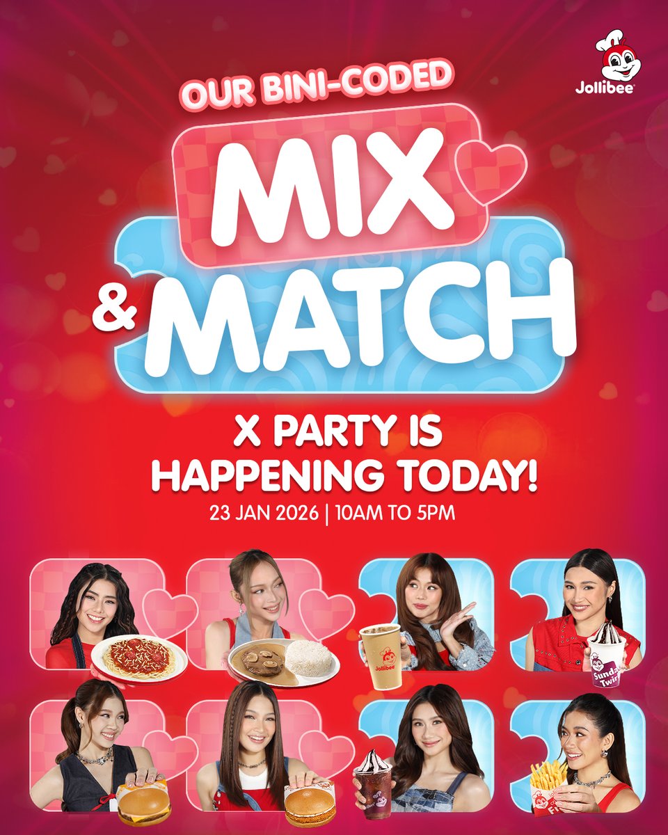 Jollibee's tweet photo. #JolliFAM! 🎉 Are you ready for another jolly X Party? RT THIS NOW to spread the joy! 😋✨

Follow us, tag us in your tweets, and don’t forget to use our official hashtag #BINIforJollibeeMixAndMatch for a surprise that will bring you JOY! ❤️🎁

@BINI_ph @bini_jhoanna @bini_maloi @bini_mikha @bini_colet @bini_sheena @bini_aiah @bini_stacey @bini_gwen