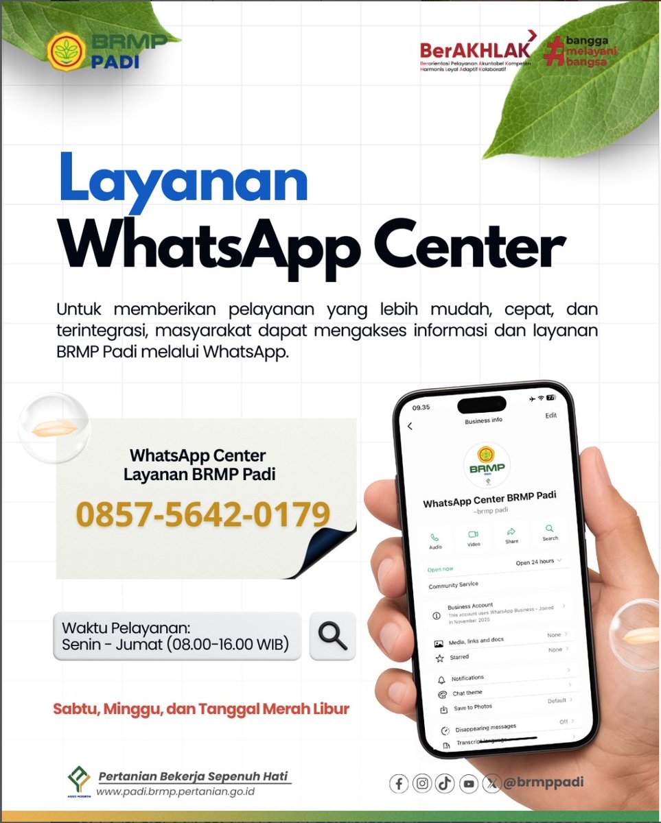 brmppadi's tweet photo. 📌 Layanan WhatsApp Center BRMP Padi

Sebagai bentuk peningkatan kualitas pelayanan informasi publik, BRMP Padi menghadirkan WhatsApp Center untuk memudahkan masyarakat dalam mengakses informasi dan layanan secara lebih mudah, cepat, dan terintegrasi. https://t.co/zZa2ugq9XN