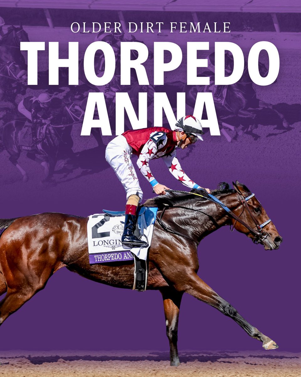 BreedersCup's tweet image. Thorpedo Anna wins the Eclipse Award for Older Dirt Female!

Congrats to our 2024 @Longines Breeders' Cup Distaff champion!

Jockey: Brian Hernandez Jr.
Trainer: Kenneth G. McPeek
Owner: Hill 'n' Dale Equine Holdings, Inc. (J. G. Sikura), Magdalena Racing (Sherri McPeek),…